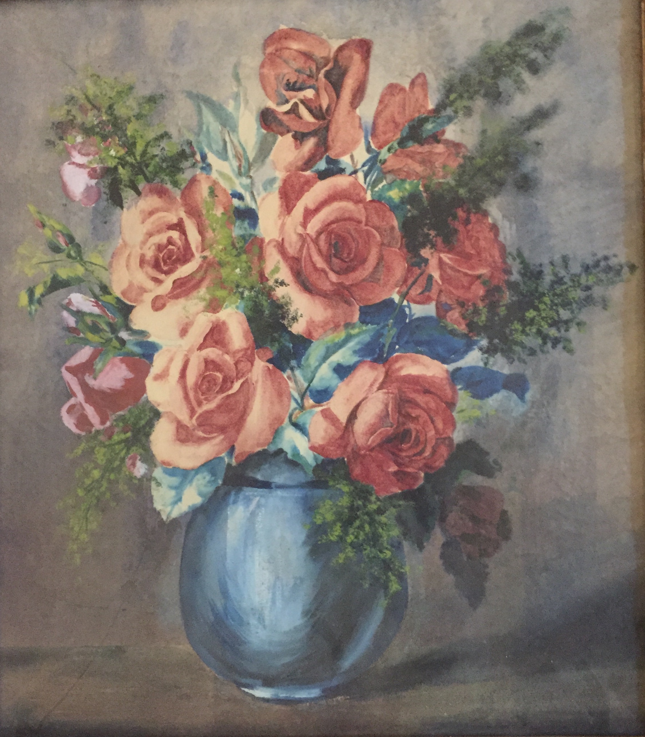 A MODERN BRITISH SCHOOL WATERCOLOUR Still life, roses in a vase, contained in a gilt swept frame. (