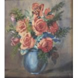 A MODERN BRITISH SCHOOL WATERCOLOUR Still life, roses in a vase, contained in a gilt swept frame. (