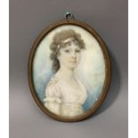 CIRCLE OF THOMAS HAZELHURST, A 19TH CENTURY PORTRAIT MINIATURE Depicting a Regency lady in a white