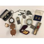 A MIXED LOT TO INCLUDE SILVER POCKET WATCH ON STAND To include Ivory seal, meerschaum pipe, silver