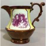 A 19TH CENTURY STAFFORDSHIRE COPPER LUSTRE AND YELLOW ENAMELLED JUG Printed with the portraits of