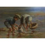 OIL PAINTING Coastal scene, boys collecting shellfish. (31cm x 41cm)