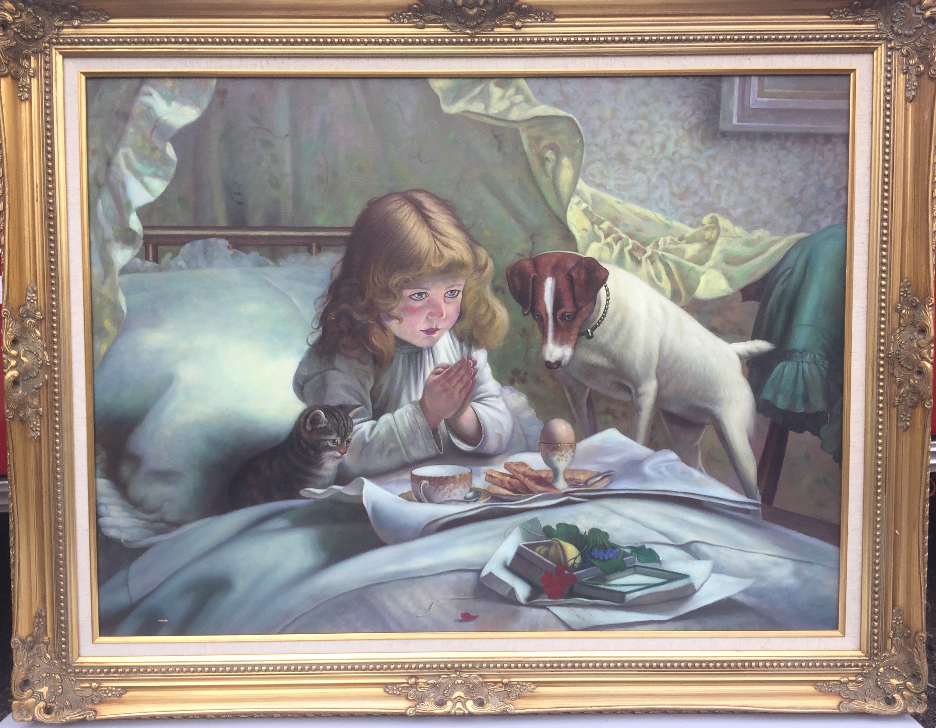 'BREAKFAST IN BED', OIL ON CANVAS, Depicting a young Edwardian girl saying a morning prayer before - Image 2 of 2