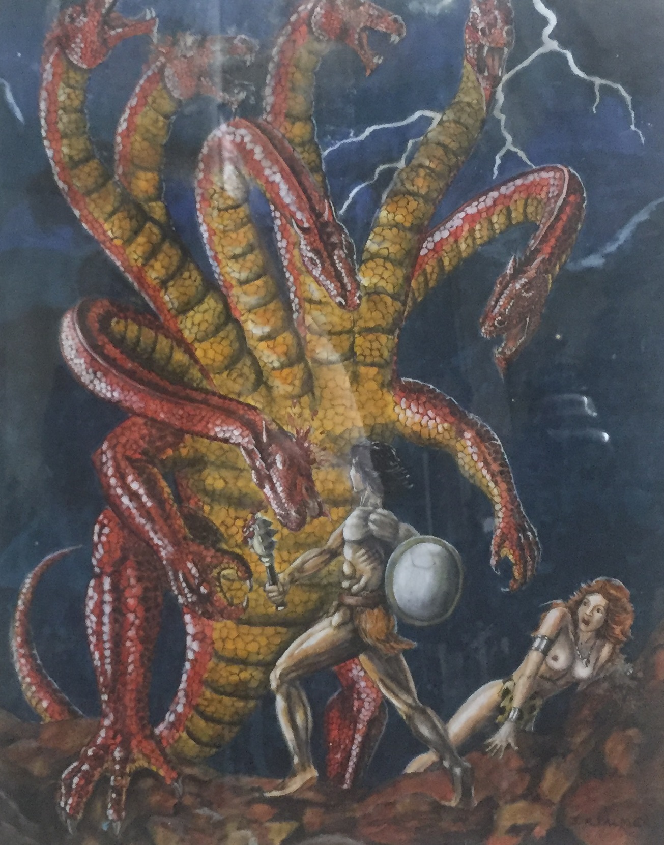 J.R. PALMER, PEN, WATERCOLOUR AND BODY COLOUR 'Attero defending a Maiden from the Hydra', signed and