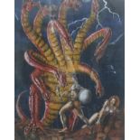 J.R. PALMER, PEN, WATERCOLOUR AND BODY COLOUR 'Attero defending a Maiden from the Hydra', signed and