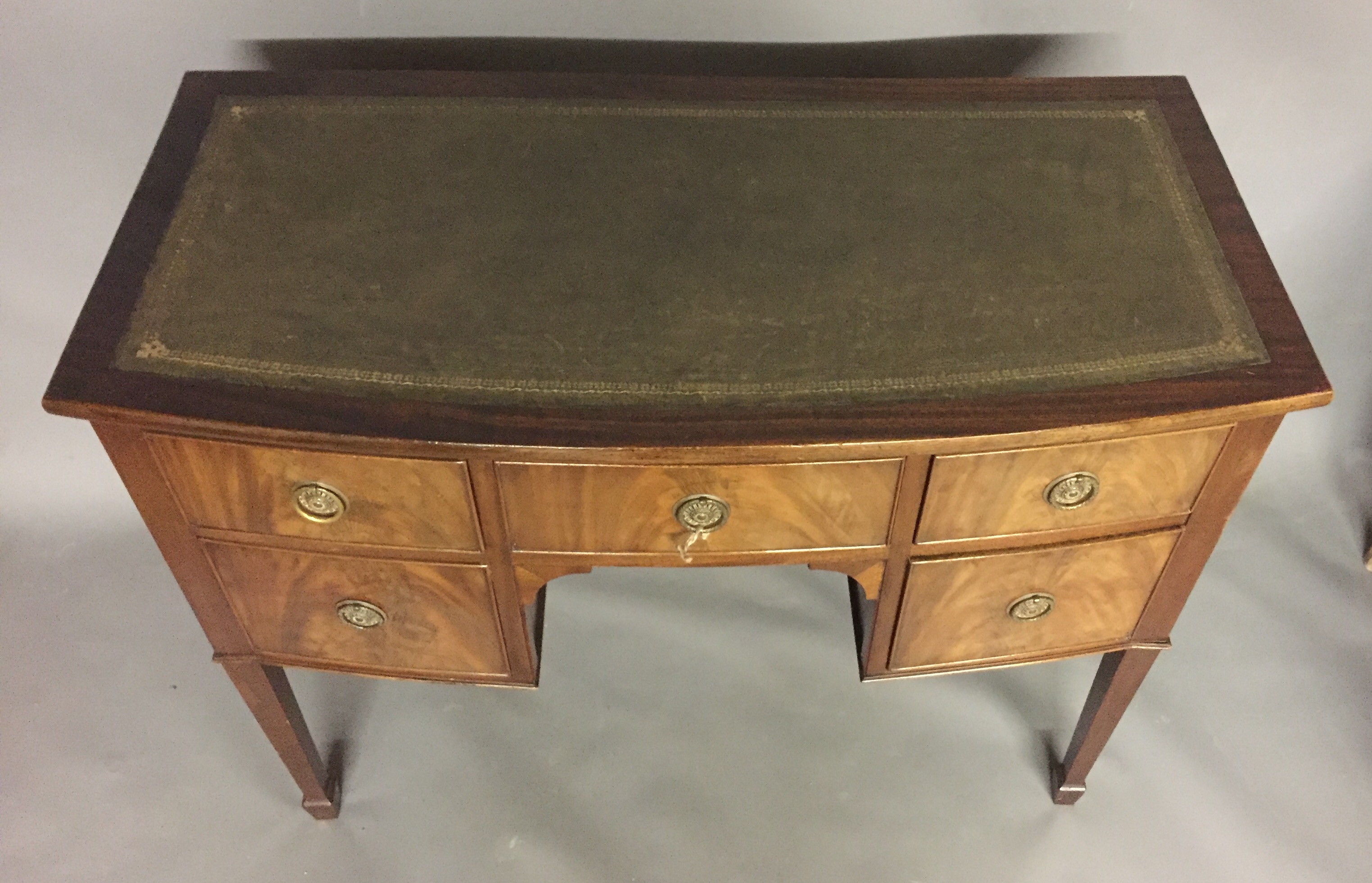 A REGENCY DESIGN MAHOGANY BOW FRONTED SIDE CABINET With green tooled leather writing surface above - Image 2 of 2