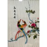 TWO CHINESE EMBROIDERED PICTURES ON SILK Exotic birds, cream framed and glazed. (52cm x 63cm)