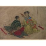 ELYSE ASHE LORD, BRITISH, 1900 - 1971, A HAND COLOURED DRYPOINT ETCHING Seated musicians, signed