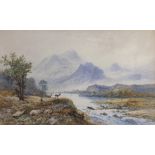 F. PEARSON, WATERCOLOUR Red deer by a mountain river, signed and framed. (30cm x 49cm)