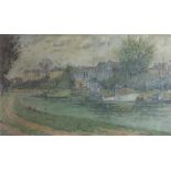 AN EARLY 20TH CENTURY CONTINENTAL IMPRESSIONIST SCHOOL OIL ON BOARD Boats and houses by a river,