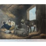 GEORGE MORLAND,1763 - 1804, A COLOURED MEZZOTINT 'The Rustic Hovel', interior barn scene,