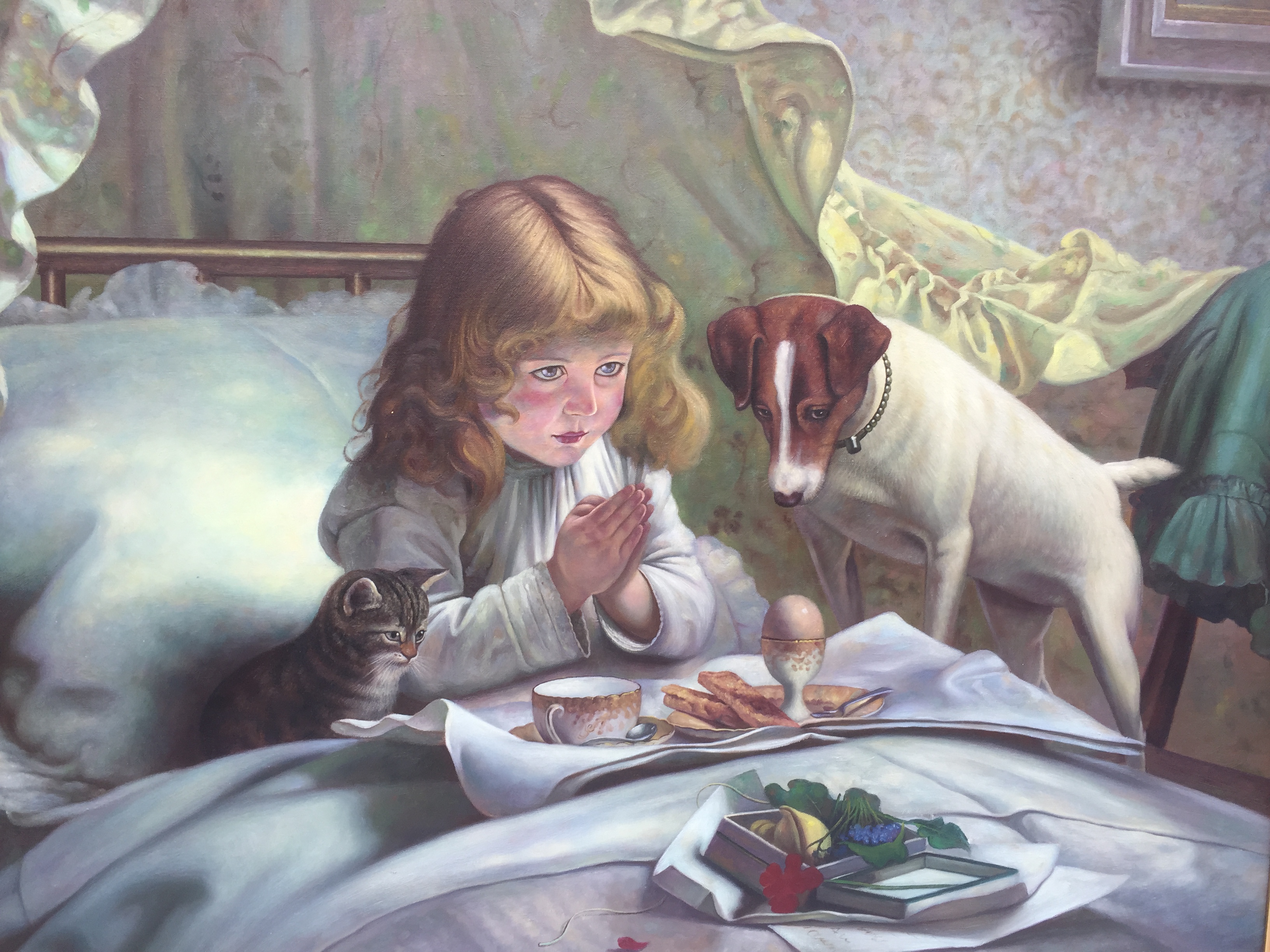 'BREAKFAST IN BED', OIL ON CANVAS, Depicting a young Edwardian girl saying a morning prayer before