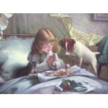 'BREAKFAST IN BED', OIL ON CANVAS, Depicting a young Edwardian girl saying a morning prayer before