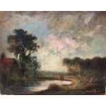 A 19TH CENTURY ENGLISH SCHOOL UNFRAMED OILS 'Cottage by a Pond', indistinctly signed.