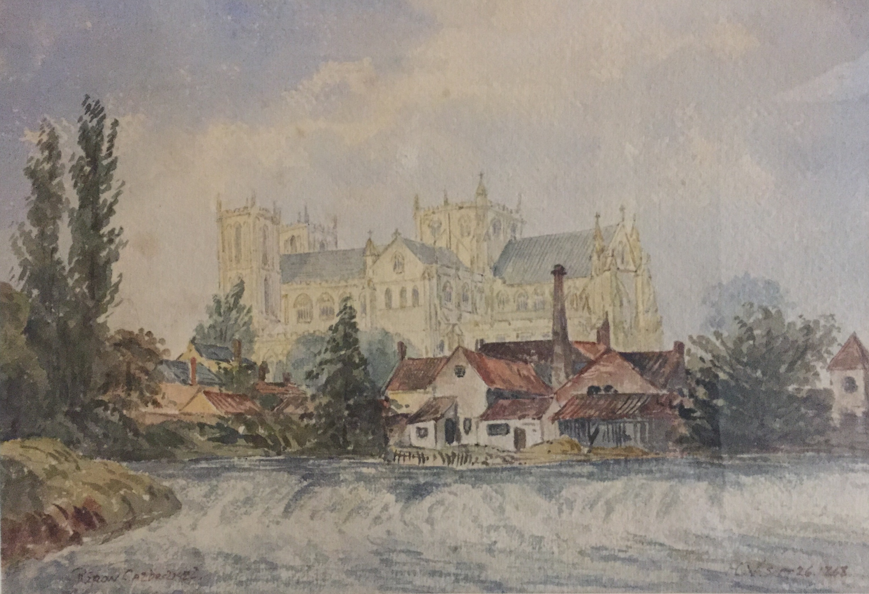 H.V., A WATERCOLOUR A cathedral by a river, inscribed and signed with initials, dated 'Sept 26 1868'