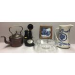 A MIXED LOT To include a stick phone, French glass comport, a heavy 19th Century copper kettle, an
