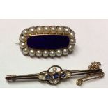 A VICTORIAN YELLOW METAL, GUILLOCHÈ ENAMEL AND SEED PEARL BROOCH The rectangular blue enamel panel