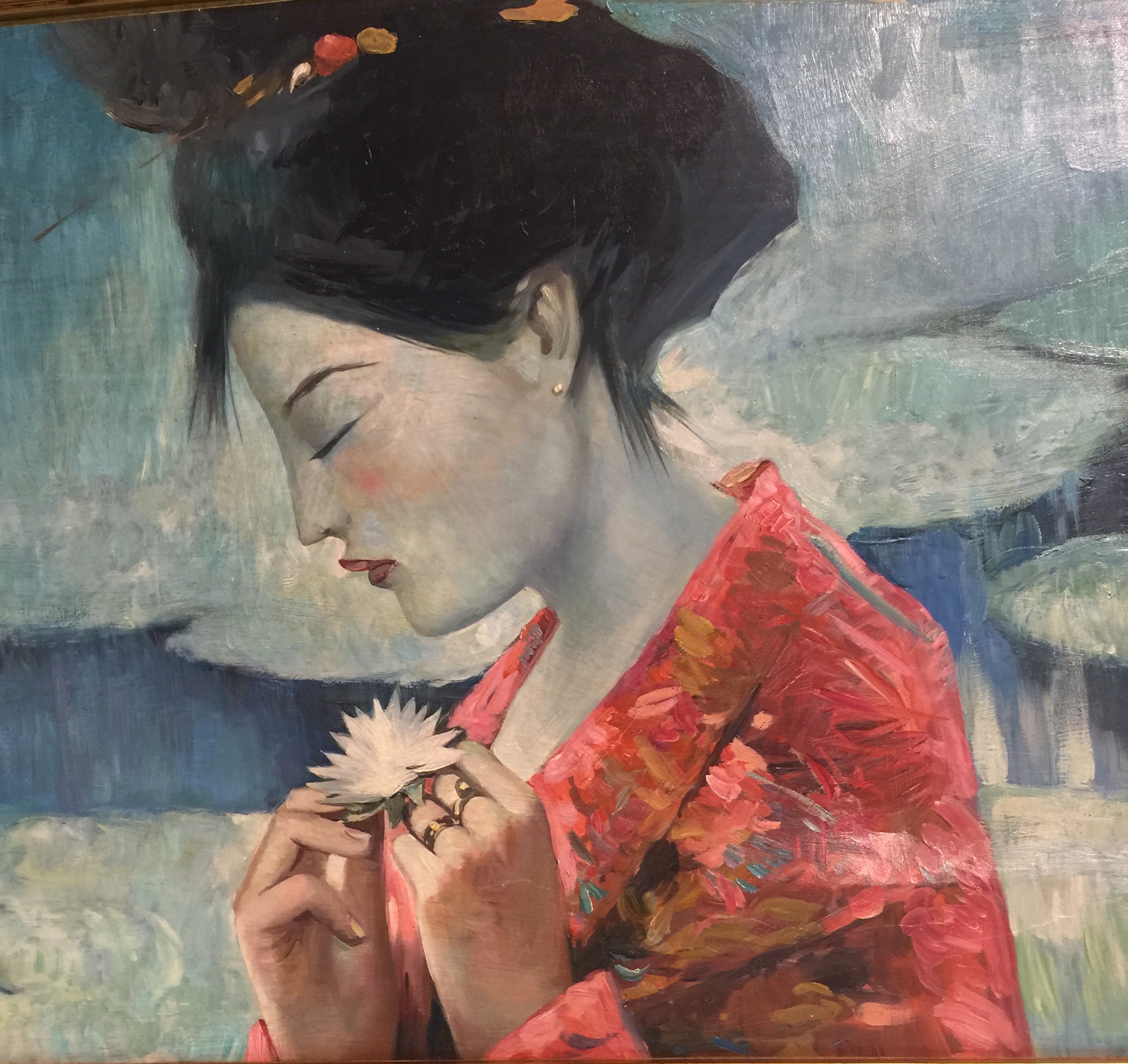 A MID 20TH CENTURY OIL ON CANVAS Geisha by a lily pond, gilt framed. (131cm x 51cm) - Image 2 of 2