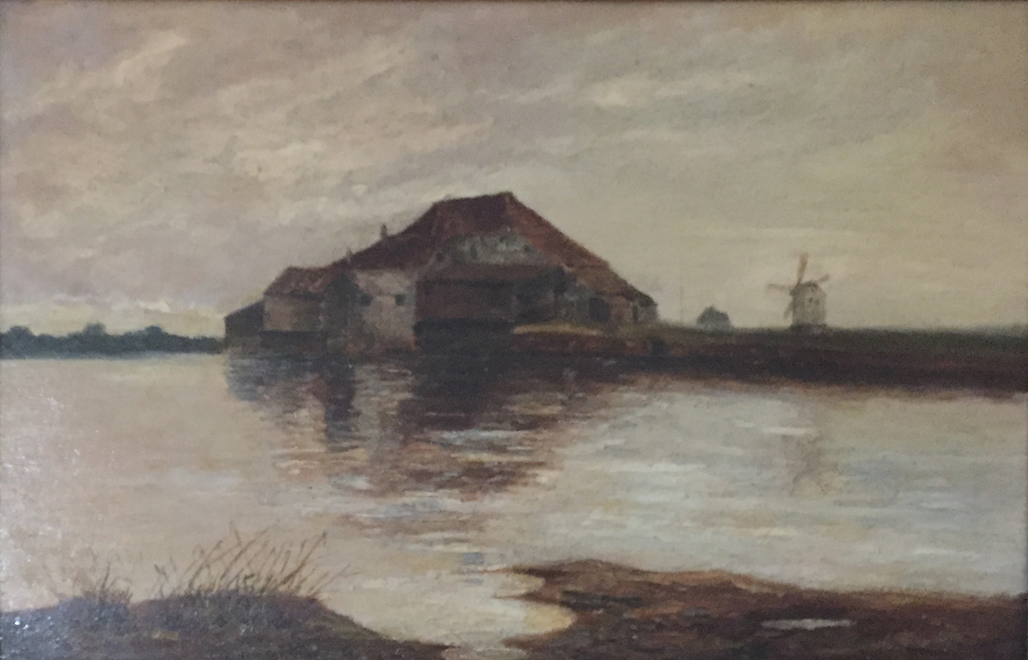 A 20TH CENTURY ENGLISH NORFOLK SCHOOL OIL ON CARD Windmill across the broad, gilt framed. (26cm x