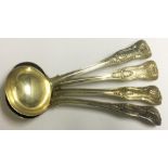 A SET OF FOUR ENGLISH HALLMARKED SILVER KINGS PATTERN SAUCE LADLES.