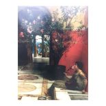 TWO GILT FRAMED PRINTS European scenes, an interior Venetian scene and a garden scene with a woman