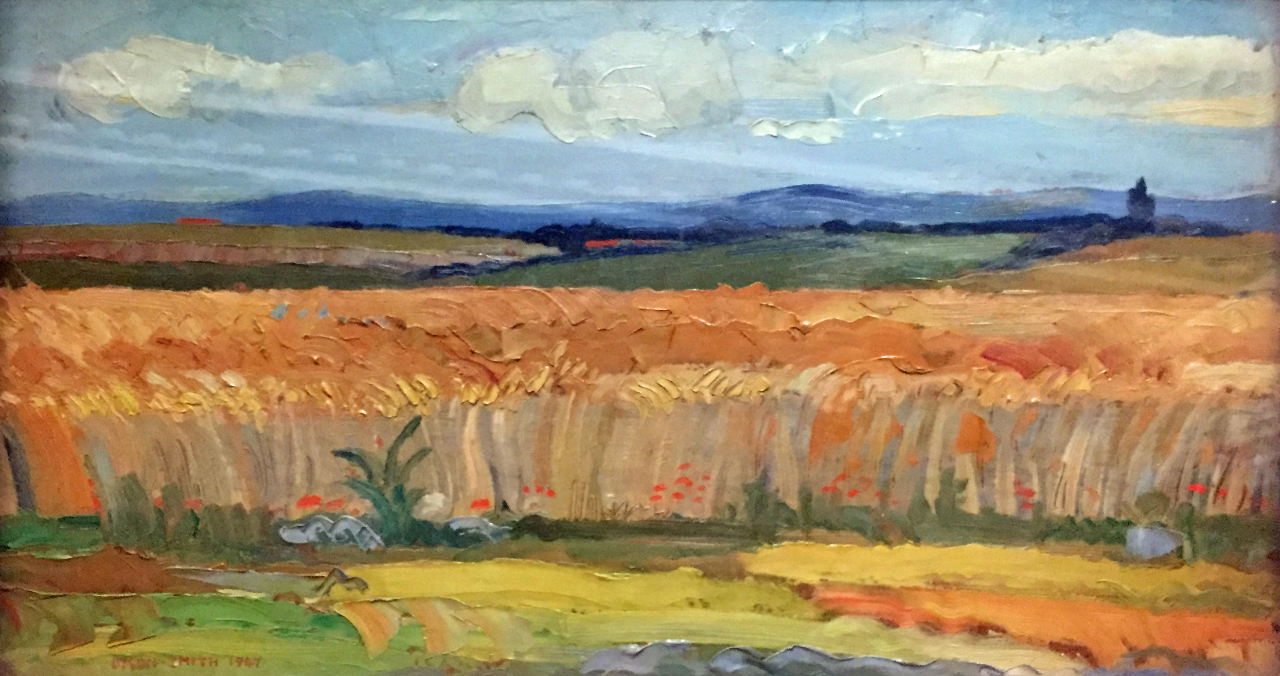 DYSON SMITH, 1947, OIL ON BOARD View of a Cornfield, cream framed.