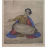 ELYSE ASHE LORD, BRITISH, 1900 - 1971, A HAND COLOURED DRYPOINT ETCHING Tribal drummer, signed in