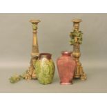 A pair of large giltwood pricket candle sticks, together with a cylindrical gramophone, and a