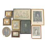 Five prints including caricatures after Cruikshank, two small pictures and two framed oval '