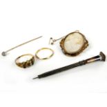 A gold mounted shell cameo, a gold single stone paste stick pin, a gold ruby and cultured pearl