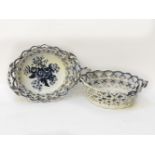 A near pair of 18th century Worcester porcelain basket, pierced lattice sides and twisted handle