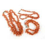 Three single row twig coral necklaces, one with new extension chain