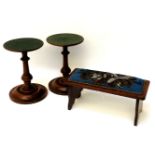 A pair of turned wooden stands, together with a beadwork footstool