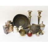 A quantity of metalwares, to include an Indian white metal open salt, plated tea caddies, plated