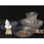 A small quantity of pressed glass commemorative plates, together with two small silk pictures and