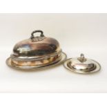 A Victorian oval silver plated dish cover, with coat of arms, plate and two further items