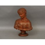 A large Terracotta bust, of a classical maiden on a swept circular plinth (af), 68cm high