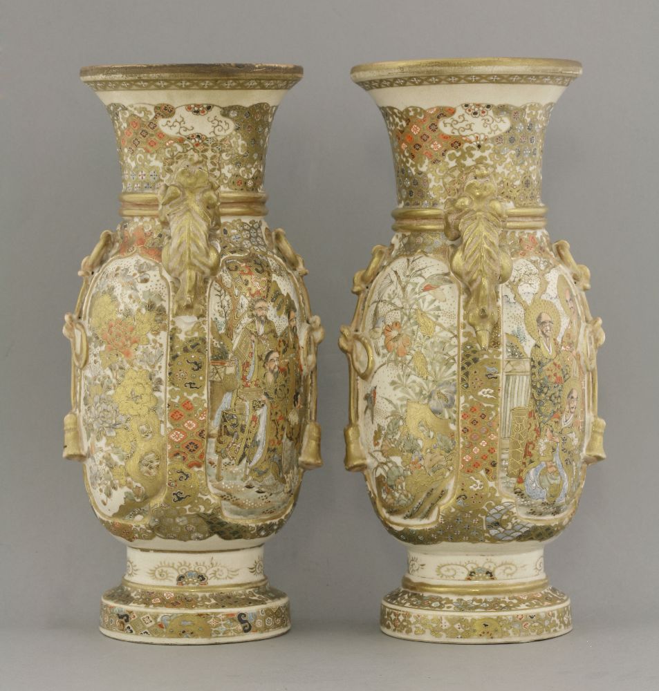 A pair of Kyoto 'Satsuma' Vases, c.1870, each elongated cylindrical body with panels separated by - Image 2 of 3