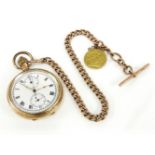 A rolled gold open faced pocket watch, white enamel dial with Arabic numerals, with two subsidiary