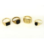 A 9ct gold bloodstone signet ring, a 9ct gold oval onyx signet ring, a 9ct gold rectangular onyx