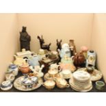 Various ceramics including, novelty teapots, Japanese china, plaster figure, two metal fauns, etc