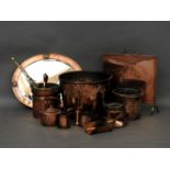 Copper items, including an oval mirror, log bin, fire screen, kettle, scoop, etc