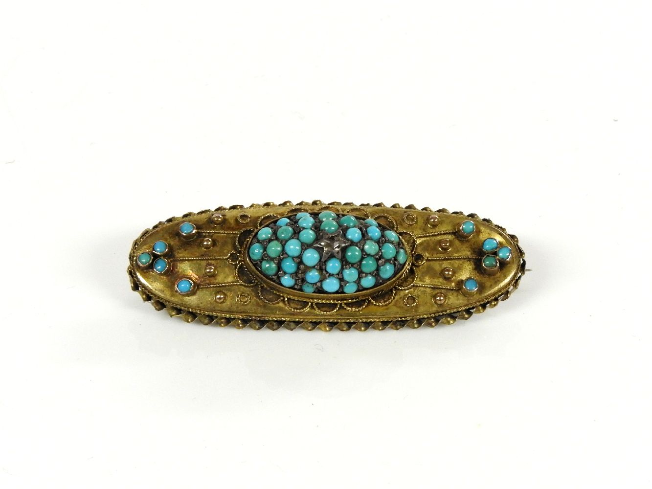 A Victorian gold brooch, set with a rose cut diamond and turquoise cabochons, marked 15ct