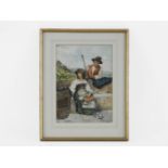 E Vitali c1900 ITALIAN PEASANT GIRL WITH SHEPHERD watercoloursigned25cm x 38cm