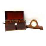 A 19th century mahogany tea caddy, and a mahogany mantel clock