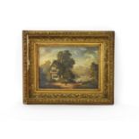 English SchoolFIGURE AND HOUSE, MOUNTAIN AND LAKE BEHINDoil on canvas19.5cm x 26.5cm. Gilt frame.