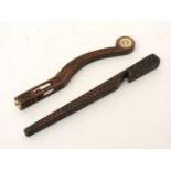 Two 19th century wooden knitting sheafs, one with inlaid turned bone roundel, together with an