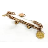 A gold curb bracelet marked 9ct with padlock, together with three 9ct gold charms, and a 1902 half