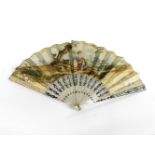 A 19th century mother of pearl and inlaid fan, hand painted with figures by a river, in a wooded