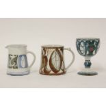 An Aldermaston pottery tankard, a goblet and jug